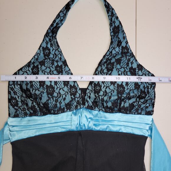 Taboo Babydoll Maxi Halter Dress XS Black Lace Turquoise Sheer Whimsigoth HoCo - Picture 10 of 12